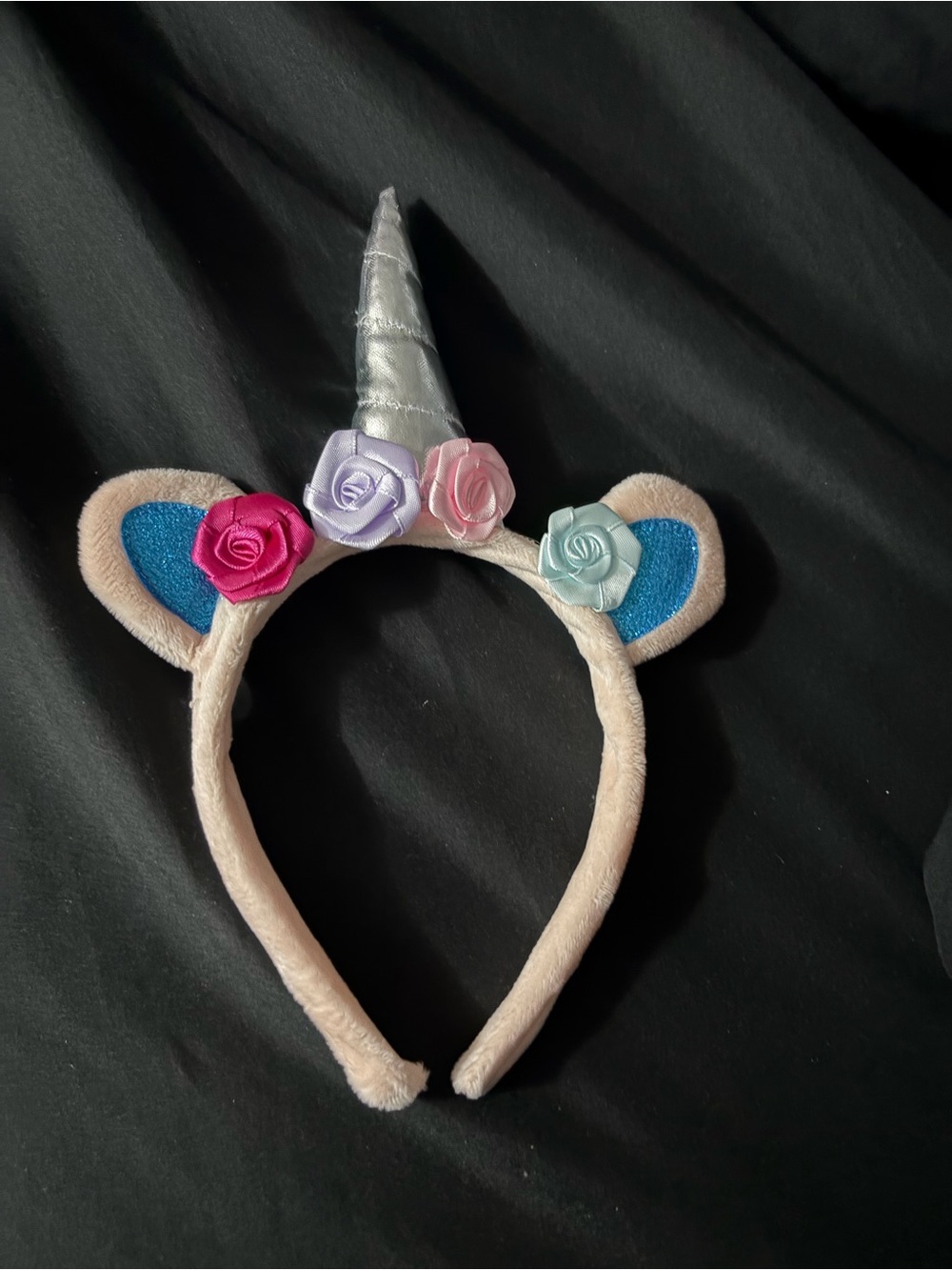 Plush Unicorn Headband with Pastel Flowers - Pink - Picture 1 of 2